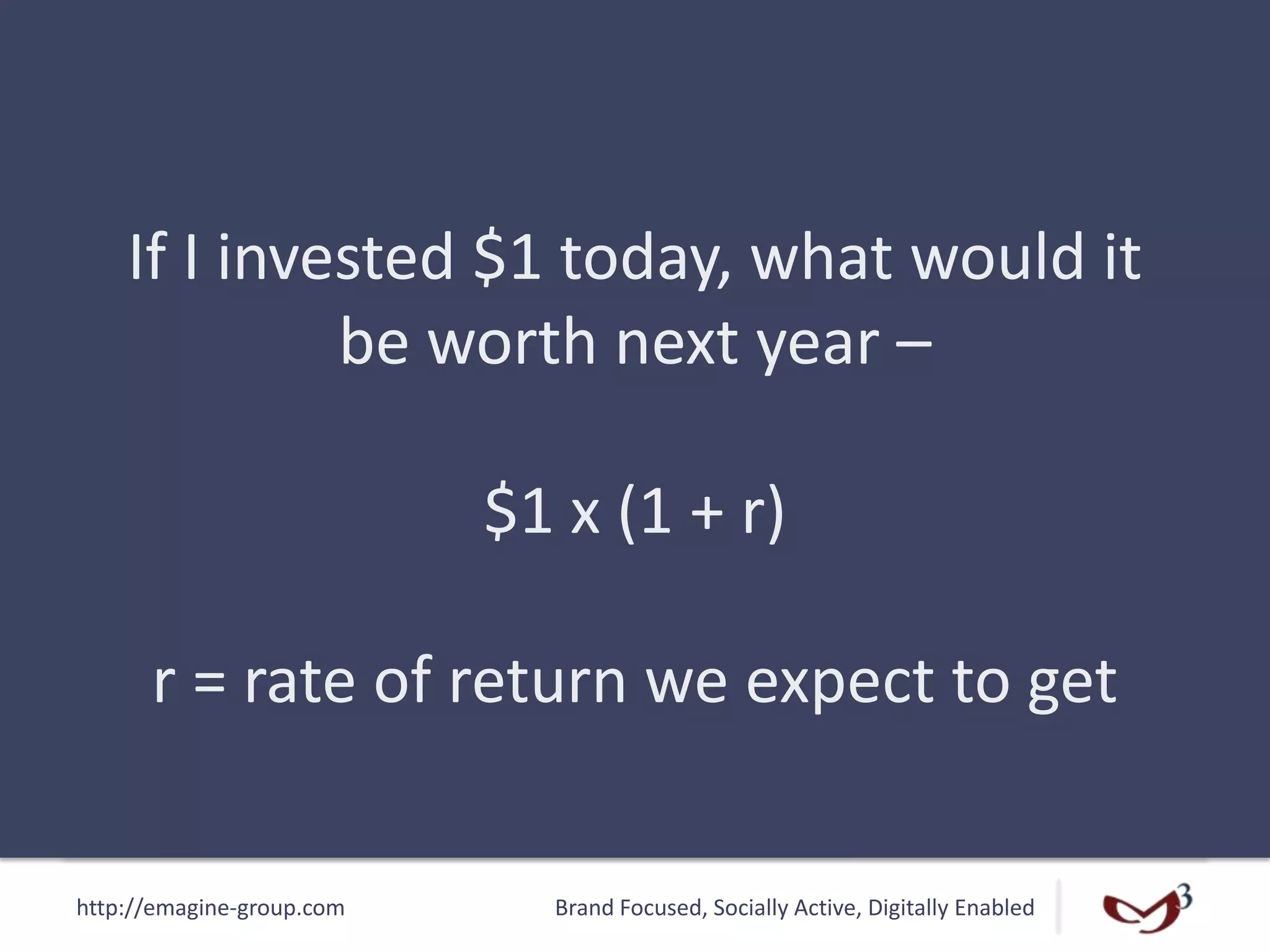 http://emagine-group.com Brand Focused, Socially Active, Digitally Enabled
If I invested $1 today, what would it
be worth next year –
$1 x (1 + r)
r = rate of return we expect to get
 