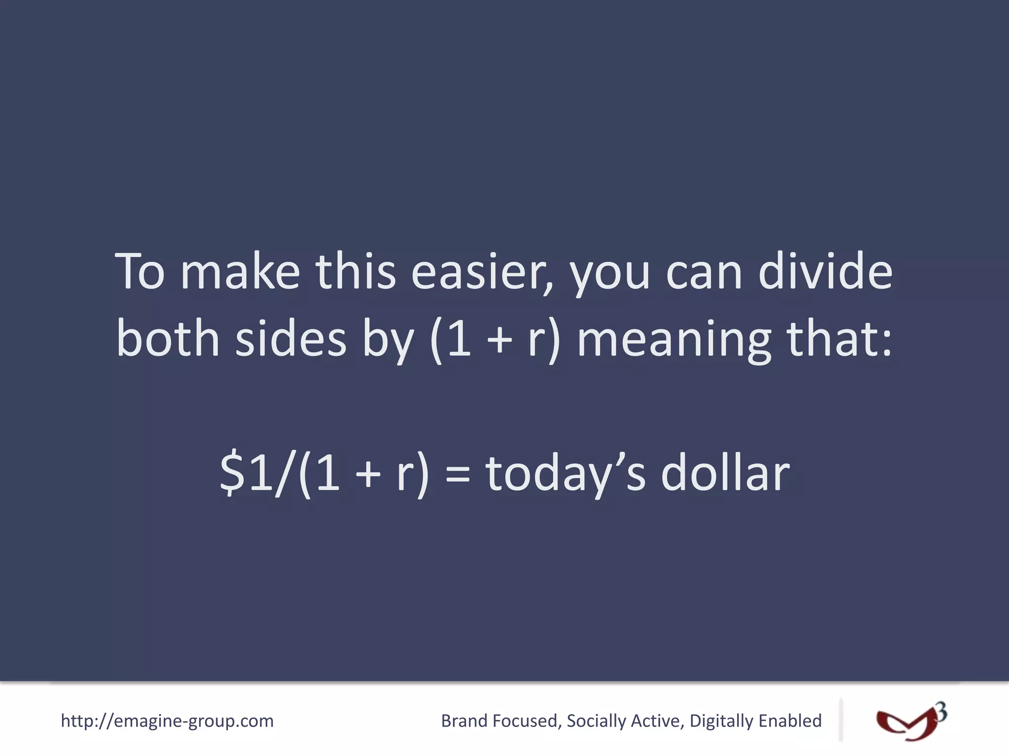 http://emagine-group.com Brand Focused, Socially Active, Digitally Enabled
To make this easier, you can divide
both sides by (1 + r) meaning that:
$1/(1 + r) = today’s dollar
 