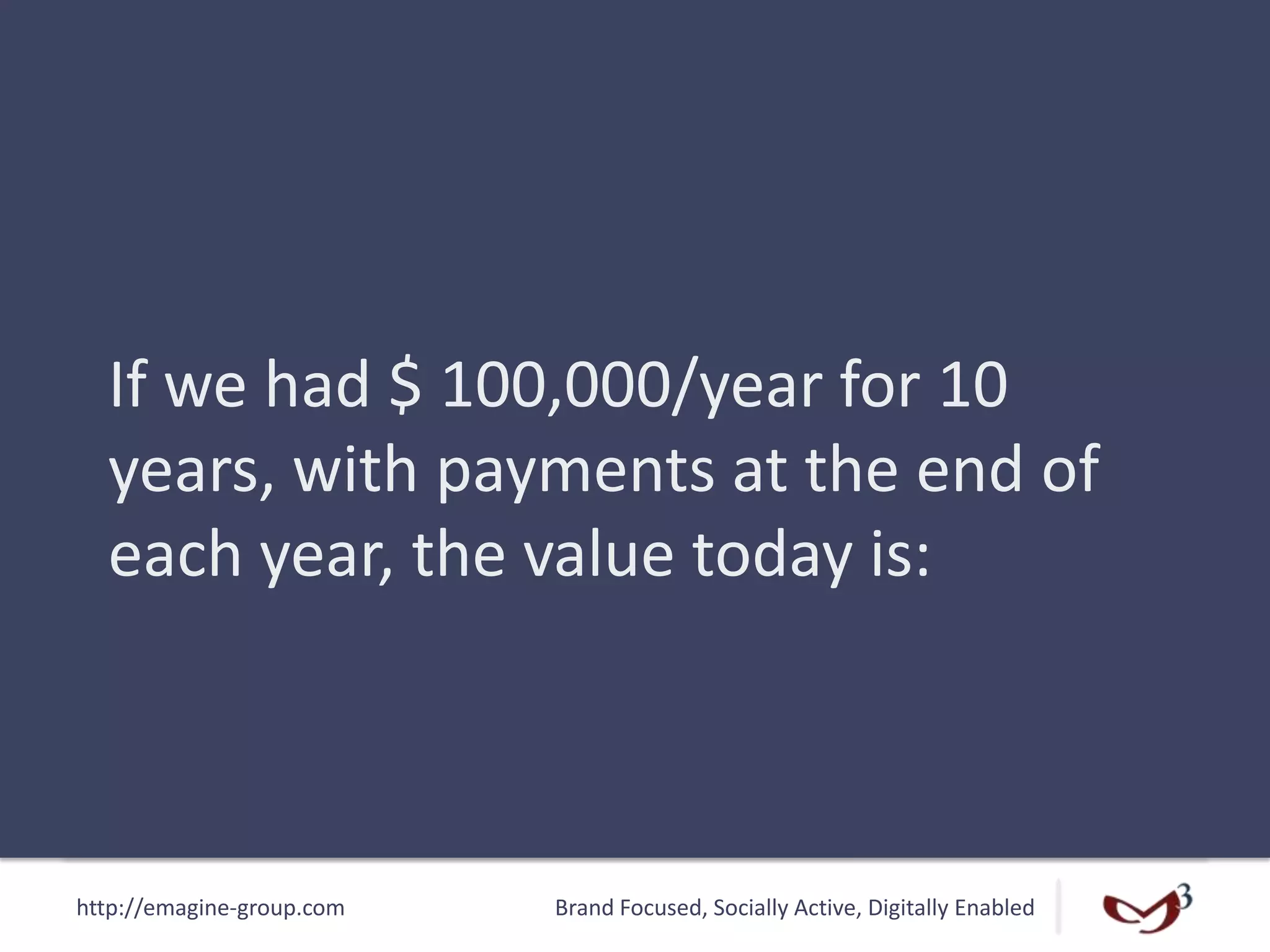 http://emagine-group.com Brand Focused, Socially Active, Digitally Enabled
If we had $ 100,000/year for 10
years, with payments at the end of
each year, the value today is:
 