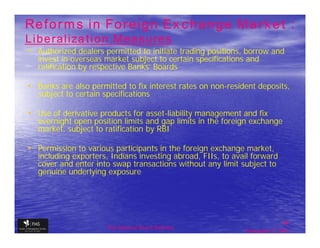Reforms in Foreign Exchange Market :
Liberalization Measures
• Authorized dealers permitted to initiate trading positions, borrow and
   invest in overseas market subject to certain specifications and
   ratification by respective Banks’ Boards

• Banks are also permitted to fix interest rates on non-resident deposits,
   subject to certain specifications

• Use of derivative products for asset-liability management and fix
   overnight open position limits and gap limits in the foreign exchange
   market, subject to ratification by RBI

• Permission to various participants in the foreign exchange market,
   including exporters, Indians investing abroad, FIIs, to avail forward
   cover and enter into swap transactions without any limit subject to
   genuine underlying exposure




                                                                             38
                       The financial Sector Reforms
                                                              September 9, 2009
 