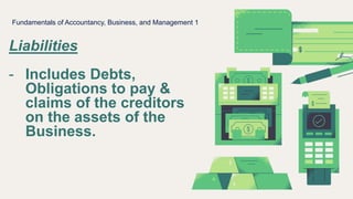 Liabilities
- Includes Debts,
Obligations to pay &
claims of the creditors
on the assets of the
Business.
Fundamentals of Accountancy, Business, and Management 1
 