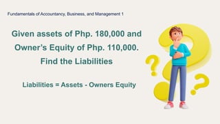 Given assets of Php. 180,000 and
Owner’s Equity of Php. 110,000.
Find the Liabilities
Fundamentals of Accountancy, Business, and Management 1
Liabilities = Assets - Owners Equity
 