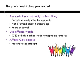 Associate Homosexuality as bad thing  Parents who might be homophobic Not informed about homophobia Peers at school Use offence words  97% of kids in school hear homophobic remarks Affects Gay people Pretend to be straight The youth need to be open minded 