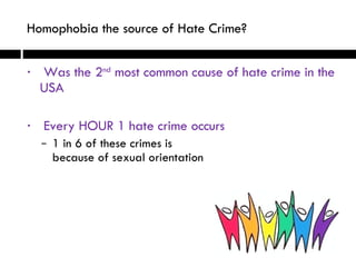Was the 2 nd  most common cause of hate crime in the USA Every HOUR 1 hate crime occurs 1 in 6 of these crimes is  because of sexual orientation Homophobia the source of Hate Crime? 