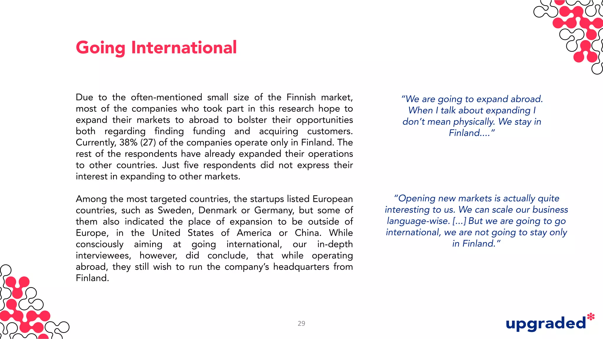 Due to the often-mentioned small size of the Finnish market,
most of the companies who took part in this research hope to
expand their markets to abroad to bolster their opportunities
both regarding finding funding and acquiring customers.
Currently, 38% (27) of the companies operate only in Finland. The
rest of the respondents have already expanded their operations
to other countries. Just five respondents did not express their
interest in expanding to other markets.
Among the most targeted countries, the startups listed European
countries, such as Sweden, Denmark or Germany, but some of
them also indicated the place of expansion to be outside of
Europe, in the United States of America or China. While
consciously aiming at going international, our in-depth
interviewees, however, did conclude, that while operating
abroad, they still wish to run the company’s headquarters from
Finland.
“We are going to expand abroad.
When I talk about expanding I
don’t mean physically. We stay in
Finland....”
“Opening new markets is actually quite
interesting to us. We can scale our business
language-wise. [...] But we are going to go
international, we are not going to stay only
in Finland.”
Going International
29
 