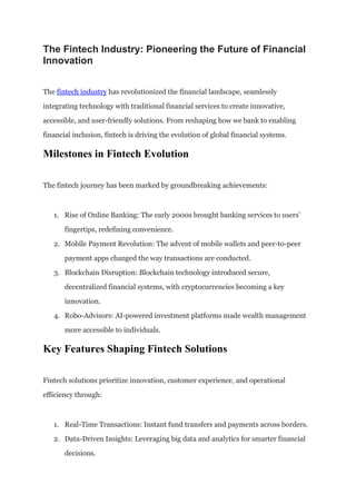 The Fintech Industry: Pioneering the Future of Financial Innovation | PDF