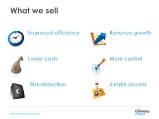 What we sell

              Improved efficiency   Revenue growth



              Lower costs           More control



                Risk reduction      Simple access




www.thecurrencycloud.com
 