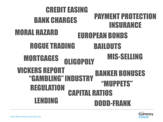 CREDIT EASING
                            PAYMENT PROTECTION
        BANK CHARGES
                                INSURANCE
   MORAL HAZARD       EUROPEAN BONDS
       ROGUE TRADING       BAILOUTS
     MORTGAGES OLIGOPOLY        MIS-SELLING
   VICKERS REPORT           BANKER BONUSES
      “GAMBLING” INDUSTRY
                              “MUPPETS”
       REGULATION
                   CAPITAL RATIOS
        LENDING             DODD-FRANK
www.thecurrencycloud.com
 