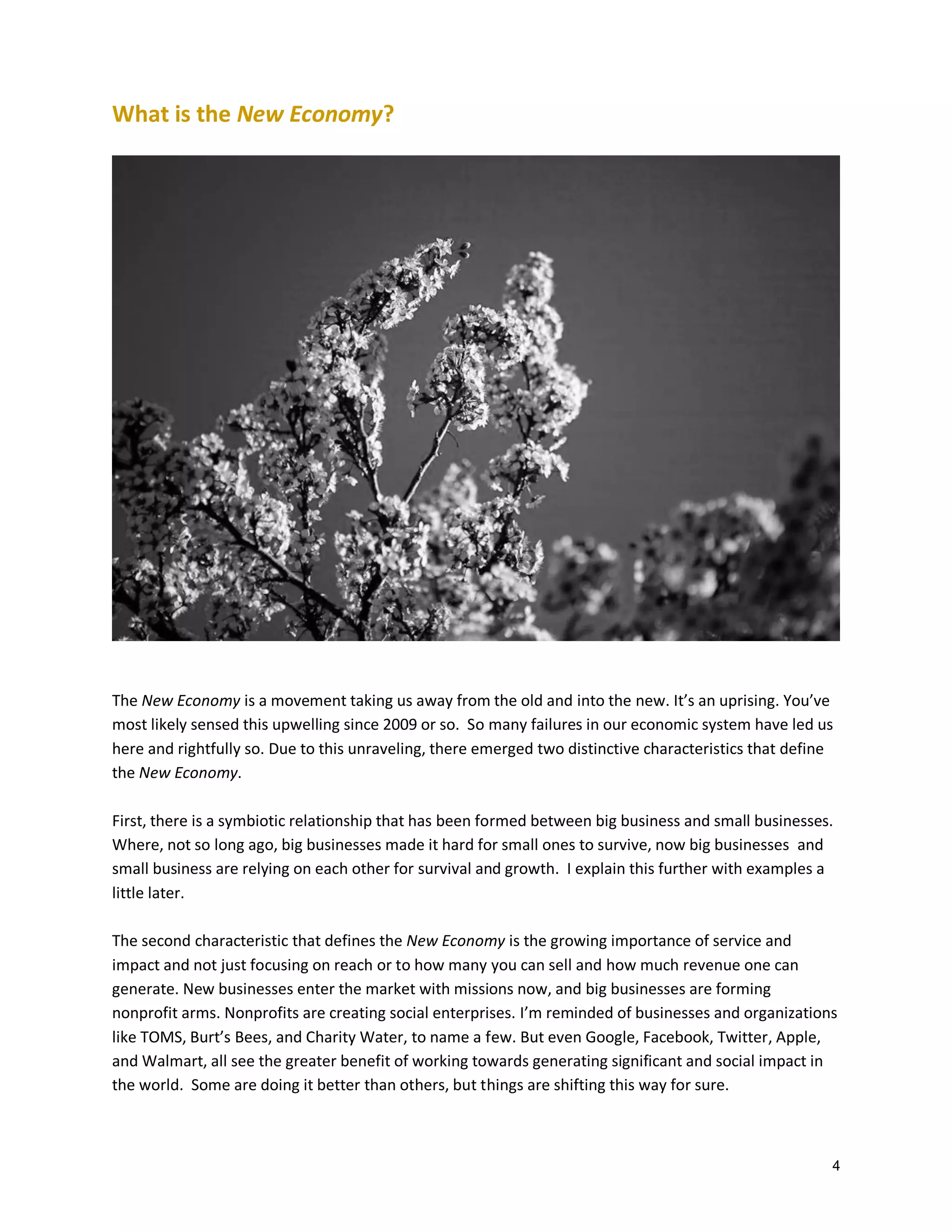 What is the New Economy?

The New Economy is a movement taking us away from the old and into the new. It’s an uprising. You’ve
most likely sensed this upwelling since 2009 or so. So many failures in our economic system have led us
here and rightfully so. Due to this unraveling, there emerged two distinctive characteristics that define
the New Economy.
First, there is a symbiotic relationship that has been formed between big business and small businesses.
Where, not so long ago, big businesses made it hard for small ones to survive, now big businesses and
small business are relying on each other for survival and growth. I explain this further with examples a
little later.
The second characteristic that defines the New Economy is the growing importance of service and
impact and not just focusing on reach or to how many you can sell and how much revenue one can
generate. New businesses enter the market with missions now, and big businesses are forming
nonprofit arms. Nonprofits are creating social enterprises. I’m reminded of businesses and organizations
like TOMS, Burt’s Bees, and Charity Water, to name a few. But even Google, Facebook, Twitter, Apple,
and Walmart, all see the greater benefit of working towards generating significant and social impact in
the world. Some are doing it better than others, but things are shifting this way for sure.

4

 