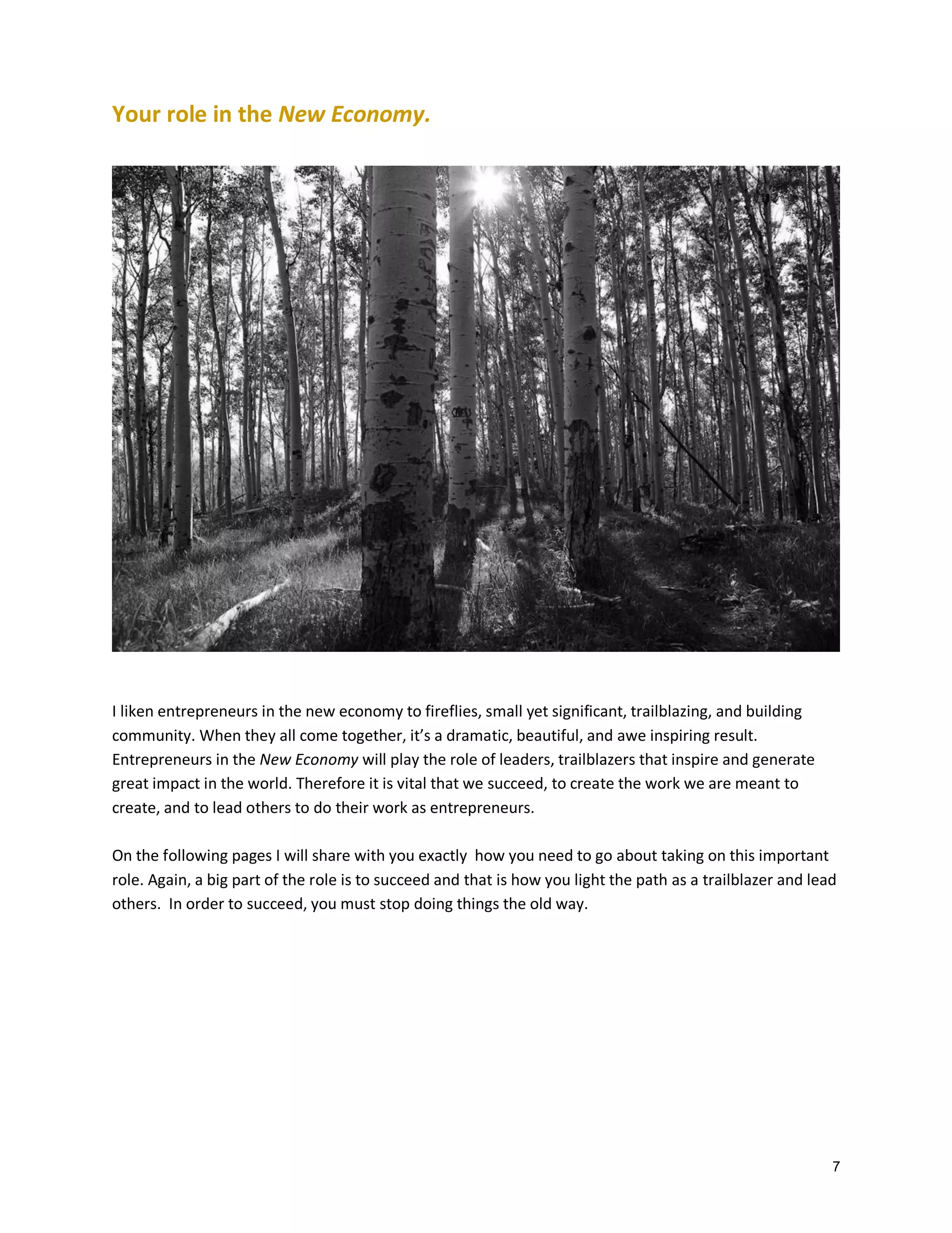 Your role in the New Economy.

I liken entrepreneurs in the new economy to fireflies, small yet significant, trailblazing, and building
community. When they all come together, it’s a dramatic, beautiful, and awe inspiring result.
Entrepreneurs in the New Economy will play the role of leaders, trailblazers that inspire and generate
great impact in the world. Therefore it is vital that we succeed, to create the work we are meant to
create, and to lead others to do their work as entrepreneurs.
On the following pages I will share with you exactly how you need to go about taking on this important
role. Again, a big part of the role is to succeed and that is how you light the path as a trailblazer and lead
others. In order to succeed, you must stop doing things the old way.

7

 