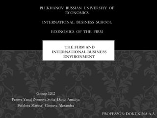 Group 5202
Perova Yana|Zvonova Sofia|Dangi Amaliya
Fefelova Marina| Gosteva Alexandra
THE FIRM AND
INTERNATIONAL BUSINESS
ENVIRONMENT
PLEKHANOV RUSSIAN UNIVERSITY OF
ECONOMICS
INTERNATIONAL BUSINESS SCHOOL
ECONOMICS OF THE FIRM
PROFESSOR: DOKUKINA A.A
 