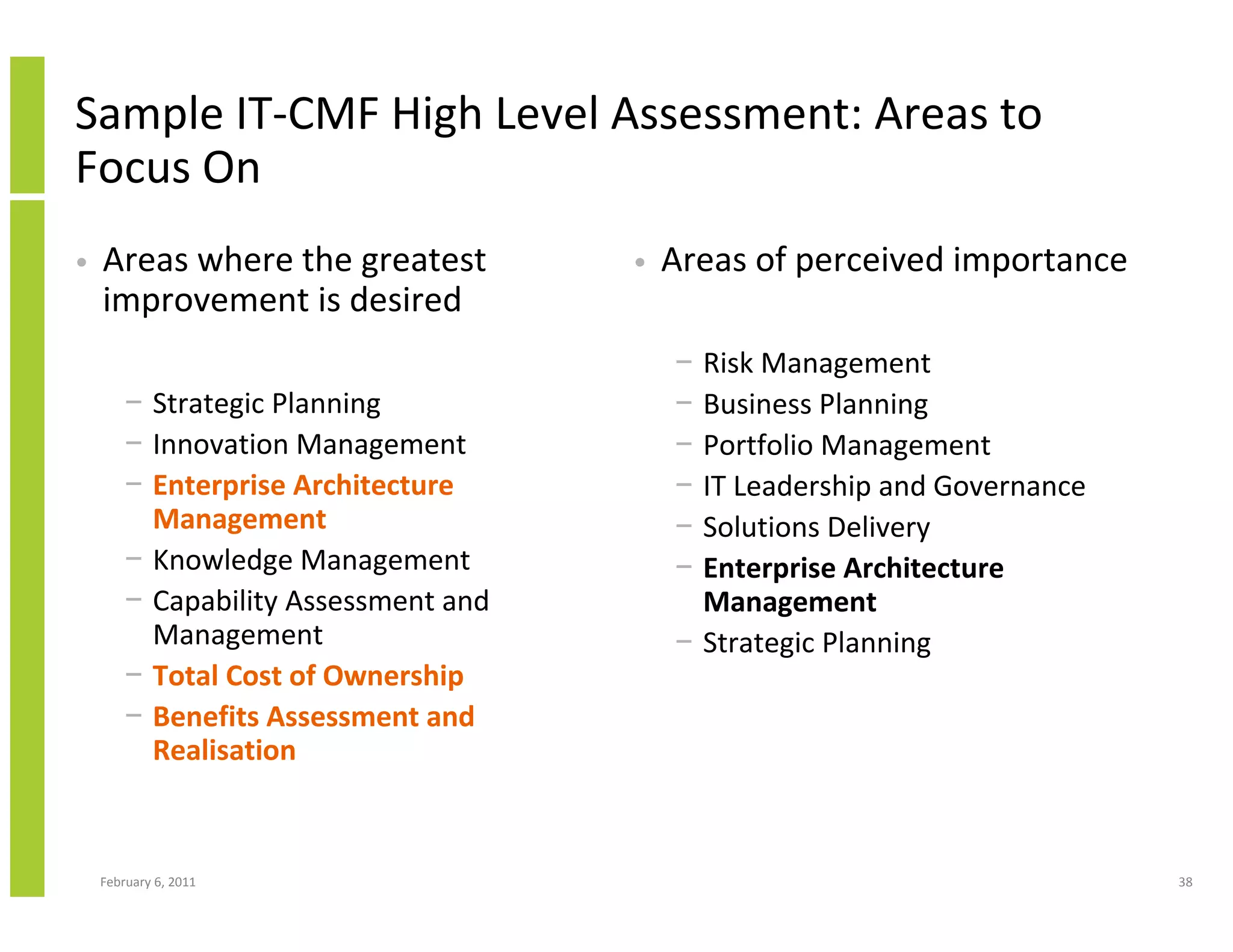 Sample IT-CMF High Level Assessment: Areas to
Focus On
•   Areas where the greatest          •   Areas of perceived importance
    improvement is desired
                                          − Risk Management
        − Strategic Planning              − Business Planning
        − Innovation Management           − Portfolio Management
        − Enterprise Architecture         − IT Leadership and Governance
          Management                      − Solutions Delivery
        − Knowledge Management            − Enterprise Architecture
        − Capability Assessment and         Management
          Management                      − Strategic Planning
        − Total Cost of Ownership
        − Benefits Assessment and
          Realisation



    February 6, 2011                                                       38
 
