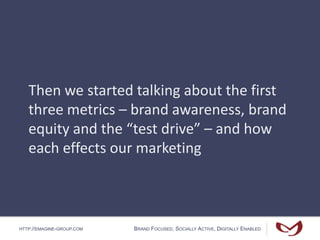 HTTP://EMAGINE-GROUP.COM BRAND FOCUSED, SOCIALLY ACTIVE, DIGITALLY ENABLED
Then we started talking about the first
three metrics – brand awareness, brand
equity and the “test drive” – and how
each effects our marketing
 
