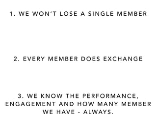 1. WE WON’T LOSE A SINGLE MEMBER 
2. EVERY MEMBER DOES EXCHANGE 
3. WE KNOW THE PERFORMANCE, 
ENGAGEMENT AND HOW MANY MEMBER 
WE HAV E - A LWAYS. 
 