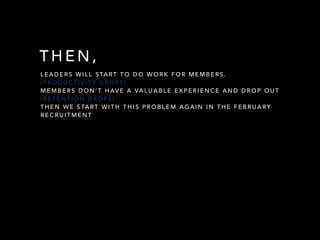 ! 
THEN, 
LEADERS WILL START TO DO WORK FOR MEMBERS. 
(PRODUCTIVITY DROPS) 
MEMBERS DON’T HAVE A VALUABLE EXPERIENCE AND DROP OUT 
(RETENTION DROPS) 
THEN WE START WITH THIS PROBLEM AGAIN IN THE FEBRUARY 
RECRUITMENT 
 