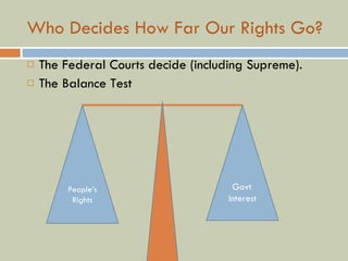 Who Decides How Far Our Rights Go? The Federal Courts decide (including Supreme). The Balance Test People’s Rights Govt .  Interest 