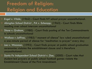 Freedom of Religion:  Religion and Education Engel v. Vitale,   (1962) - Court finds NY school prayer unconstitutional. Abington School District , PA v. Schempp,   (1963) - Court finds Bible reading over school intercom unconstitutional  Stone v. Graham,   (1980) - Court finds posting of the Ten Commandments in schools unconstitutional Wallace v Jaffree,  ( 1985)   “ moment of silence” law ruled unconstitutional a one-minute period of silence for “meditation ro prayer” every day Lee v. Weisman,   (1992) - Court finds prayer at public school graduation ceremonies violates the establishment clause and is therefore unconstitutional. Santa Fe Independent School District v. Doe,   (2000) - Court rules that student-led prayers at public school football games violate the Establishment Clause of the First Amendment. 