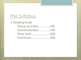 The Syllabus
 Grading Scale
Group Activities………….10%
Homework/Quiz………….10%
Three Tests…………………60%
Final Exam…………………20%
 