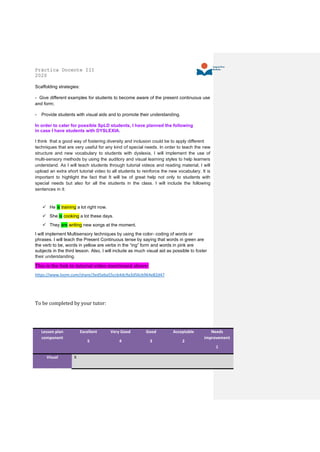 Práctica Docente III
2020
Scaffolding strategies:
- Give different examples for students to become aware of the present continuous use
and form;
- Provide students with visual aids and to promote their understanding.
In order to cater for possible SpLD students, I have planned the following
in case I have students with DYSLEXIA.
I think that a good way of fostering diversity and inclusion could be to apply different
techniques that are very useful for any kind of special needs. In order to teach the new
structure and new vocabulary to students with dyslexia, I will implement the use of
multi-sensory methods by using the auditory and visual learning styles to help learners
understand. As I will teach students through tutorial videos and reading material, I will
upload an extra short tutorial video to all students to reinforce the new vocabulary. It is
important to highlight the fact that It will be of great help not only to students with
special needs but also for all the students in the class. I will include the following
sentences in it:
✓ He is training a lot right now.
✓ She is cooking a lot these days.
✓ They are writing new songs at the moment.
I will implement Multisensory techniques by using the color- coding of words or
phrases. I will teach the Present Continuous tense by saying that words in green are
the verb to be, words in yellow are verbs in the “ing” form and words in pink are
subjects in the third lesson. Also, I will include as much visual aid as possible to foster
their understanding.
This is the link to tutorial video mentioned above:
https://www.loom.com/share/3ed5eba55ccb4dc9a3d56cb964e82d47
To be completed by your tutor:
Lesson plan
component
Excellent
5
Very Good
4
Good
3
Acceptable
2
Needs
improvement
1
Visual X
 