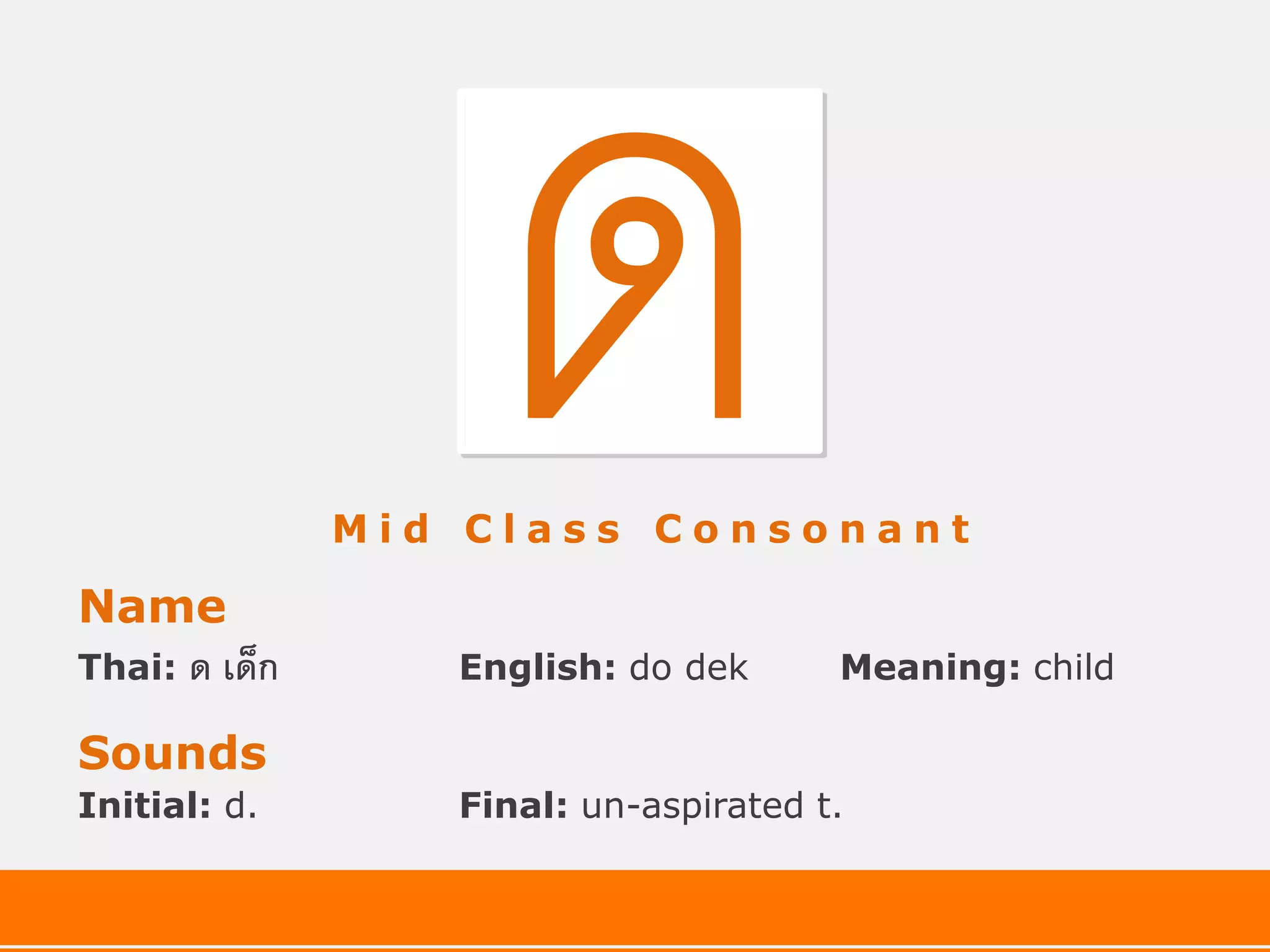 Mid Class Consonant

Name
Thai:   ด เด็ก      English: do dek      Meaning: child

Sounds
Initial: d.         Final: un-aspirated t.
 