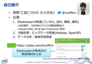 自己紹介
• 束野 仁政(つかの さとゆき)
• 仕事
1. Elasticsearch関連(コンサル, 設計, 構築, 運用)
800億件、100TBのクラスタ運用経験あり
Elastic{ON} 2018 San Franciscoに参加
2. 分散処理・ビッグデータ関連(Hadoop, Spark等)
3. データ分析・機械学習関連
https://qiita.com/snuffkin
Copyright © Acroquest Technology Co., Ltd. All rights reserved. 2
http://qiita.com/snuffkin/items/19b33797b8b5f828b1b6
Elasticsearch勉強会の
発表資料まとめ
@snuffkin
 