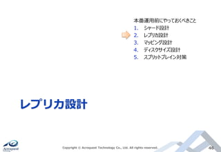 レプリカ設計
Copyright © Acroquest Technology Co., Ltd. All rights reserved. 46
本番運用前にやっておくべきこと
1. シャード設計
2. レプリカ設計
3. マッピング設計
4. ディスクサイズ設計
5. スプリットブレイン対策
 