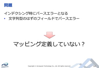 問題
Copyright © Acroquest Technology Co., Ltd. All rights reserved. 51
インデクシング時にパースエラーとなる
• 文字列型のはずのフィールドでパースエラー
マッピング定義していない？
 