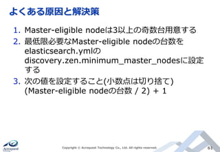 よくある原因と解決策
Copyright © Acroquest Technology Co., Ltd. All rights reserved. 61
1. Master-eligible nodeは3以上の奇数台用意する
2. 最低限必要なMaster-eligible nodeの台数を
elasticsearch.ymlの
discovery.zen.minimum_master_nodesに設定
する
3. 次の値を設定すること(小数点は切り捨て)
(Master-eligible nodeの台数 / 2) + 1
 