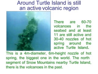There are 60-70 volcanoes in the seabed and at least 11 are still active   and 30-40 nozzles of hot spring  around the act...