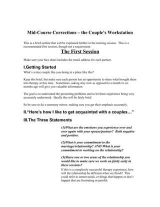 Mid-Course Corrections – the Couple’s Workstation

This is a brief outline that will be explained further in the training session. This is a
recommended first session, though not a requirement.
                               The First Session
Make sure your face sheet includes the email address for each partner.

I.Getting Started
What’s a nice couple like you doing in a place like this?

Keep this brief, but make sure each person has an opportunity to share what brought them
into therapy at this time. Sometimes, asking why now as opposed to a month or six
months ago will give you valuable information

The goal is to understand the presenting problems and to let them experience being very
accurately understood. Ideally this will be fairly brief.

So be sure to do a summary mirror, making sure you get their emphasis accurately.

II.“Here’s how I like to get acquainted with a couples…”
III.The Three Statements
                               (1)What are the emotions you experience over and
                               over again with your spouse/partner? Both negative
                               and positive.

                               (2)What is your commitment to the
                               marriage/relationship? AND What is your
                               commitment to working on the relationship?

                               (3)Share one or two areas of the relationship you
                               would like to make sure we work on fairly early in
                               these sessions?
                               If this is a completely successful therapy experience, how
                               will the relationship be different when we finish? This
                               could refer to unmet needs, or things that happen or don’t
                               happen that are frustrating or painful.
 