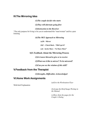 IV.The Mirroring Idea
                             (1)The couple decide who starts

                             (2)They will alternate going first

                             (3)Instruction to the Receiver
“The only purpose for living is for you to understand this “man/woman” and be a pure
listening

                             (4)The MCI Approach to Mirroring
                                    (a)M – Mirror

                                    (b)C – Check Back – “Did I get it?

                                    (c)I – Invite More – “Is There More”

                     b)5. Feedback About the Mirroring Process
                             (1)Is it more blessed to give or to receive

                             (2)What was it like to mirror? To be mirrored?

                             (3)Can you see the wisdom of this skill?

V.Feedback from the Therapist
                             (1)Strengths, Difficulties Acknowledged

VI.Home Work Assignments
                                                    (a)Give the Workstation Flyer
With brief Explanation

                                                    (b)Assign the Brief Imago Workup in
                                                    the Manual

                                                    (c)Show them the pages for the
                                                    Couple’s Dialog
 