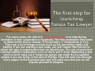 For many years, the role of a Tampa tax lawyer is to help during
formation of new corporation or business. The first assistance they need
is about which one to choose: S Corporation, C Corporation or LLC.
There are a lot of things to know such as the ownership rights and
liability. If you are starting a new trade, you will require their advice to
select the type of organization that can benefit you. You can choose from
Limited Liability Corporation (LLC) or the S and C Corp. Beginning a new
work is never easy, but a Tampa tax lawyer can make the occupation
simple if you are living in this part of Florida. They will walk you through
every aspect of the business plan and will make sure that you do not
expose yourself to dangers.
 