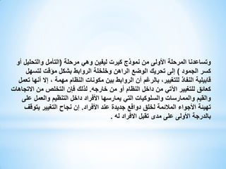 ‫وتساعدنا المرحلة األولى من نموذج كيرت ليفين وهي مرحلة (التأمل والتحليل أو‬
‫كسر الجمود ) إلى تحريك الوضع الراهن وخلخلة الروابط بشكل مؤقت لتسهل‬
‫قابيلية النفاذ للتغيير، بالرغم أن الروابط بين مكونات النظام مهمة ، إال أنها تعمل‬
‫كعائق للتغيير اآلتي من داخل النظام أو من خارجه. لذلك فإن التخلص من االتجاهات‬
‫والقيم والممارسات والسلوكيات التي يمارسها األفراد داخل التنظيم والعمل على‬
‫تهيئة األجواء المالئمة لخلق دوافع جديدة عند األفراد. إن نجاح الﺘغﻴﻴر ﻴﺘوقف‬
‫بالدرجة األولى على مدى تقبل االفراد له .‬

 