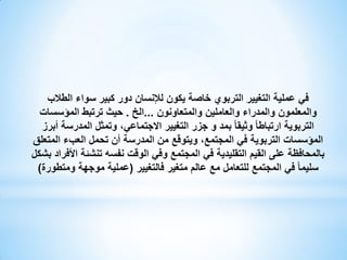 ‫في عملية التغيير التربوي خاصة يكون لإلنسان دور كبير سواء الطالب‬
‫والمعلمون والمدراء والعاملين والمتعاونون ...الخ . حيث ترتبط المؤسسات‬
‫التربوية ارتباطا ً وثيقا ً بمد و جزر التغيير االجتماعي، وتمثل المدرسة أبرز‬
‫المؤسسات التربوية في المجتمع، ويتوقع من المدرسة أن تحمل العبء المتعلق‬
‫بالمحافظة على القيم التقليدية في المجتمع وفي الوقت نفسه تنشئة األفراد بشكل‬
‫سليما ً في المجتمع للتعامل مع عالم متغير فالتغيير (عملية موجهة ومتطورة)‬

 