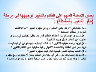 ‫ ما اهتماماتي ؟ وهل يكفي الستمراري في جهود التغيير ؟ ما االهتمام‬‫الجوهري للنظام المستفيد ؟‬
‫ هل مستوى االهتمام بين أعضاء النظام قوي بما يكفي لجعلهم في مستوى‬‫مطلوب من الحافز خالل جهود التغيير؟‬
‫ هل توجد رغبة حقيقية للتغيير ؟ إذا كانت اإلجابة سلبية أو أن الرغبة ليست‬‫قوية ،هل لدي الطاقة واالستعداد إلظهار رغبة حقيقية لدى النظام للتغيير ؟‬
‫ هل النظام بحاجة لكسر الجمود قبل البدء بجهود التغيير؟‬‫ هل توجد اهتمامات أخرى في أي مكان في النظام يمكن أن تتعارض مع جهود‬‫التغيير ؟ وإذا حدث ذلك هل يمكن تطوير استراتيجية الحتواء تلك االهتمامات ؟‬

 