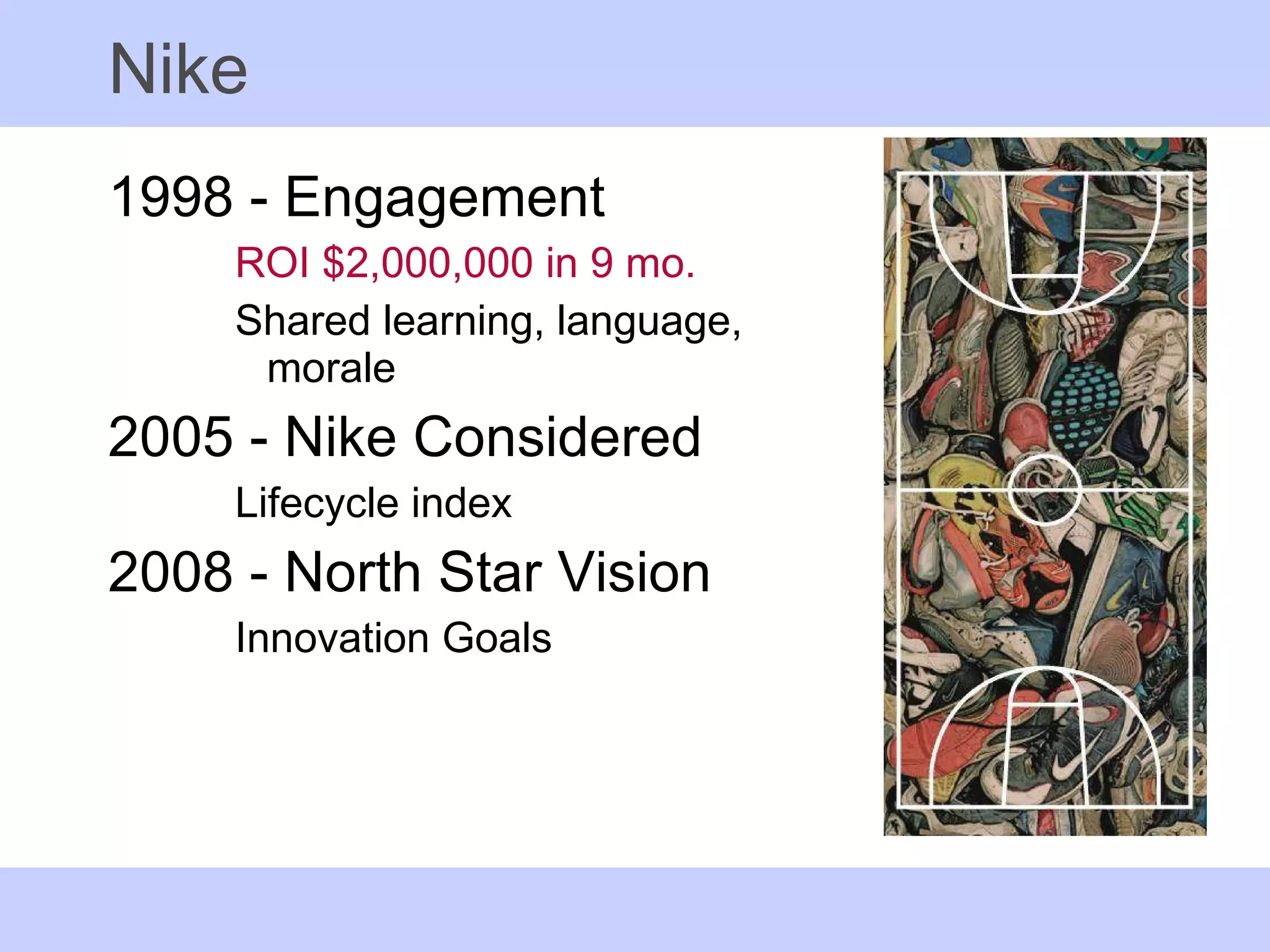Nike 1998 - Engagement ROI $2,000,000 in 9 mo. Shared learning, language, morale 2005 - Nike Considered Lifecycle index 2008 - North Star Vision Innovation Goals 