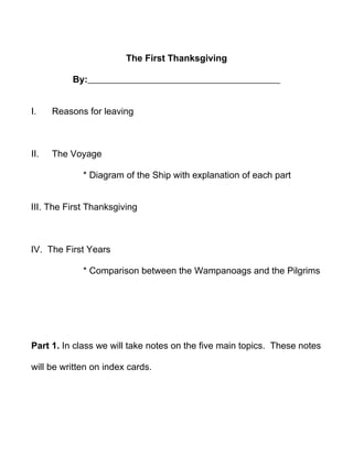 The First Thanksgiving

          By:


I.    Reasons for leaving



II.   The Voyage

             * Diagram of the Ship with explanation of each part


III. The First Thanksgiving



IV. The First Years

             * Comparison between the Wampanoags and the Pilgrims




Part 1. In class we will take notes on the five main topics. These notes

will be written on index cards.
 