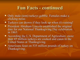 Fun Facts - continued Only male (tom) turkeys gobble. Females make a clicking noise.  Turkeys can drown if they look up when it's raining! President Abraham Lincoln established the original date for our National Thanksgiving Day celebration in 1863.  According the U.S. Department of Agriculture, more than 45 million turkeys are cooked and eaten in the United States at Thanksgiving.  Americans feast on 535 million pounds of turkey on Thanksgiving.  