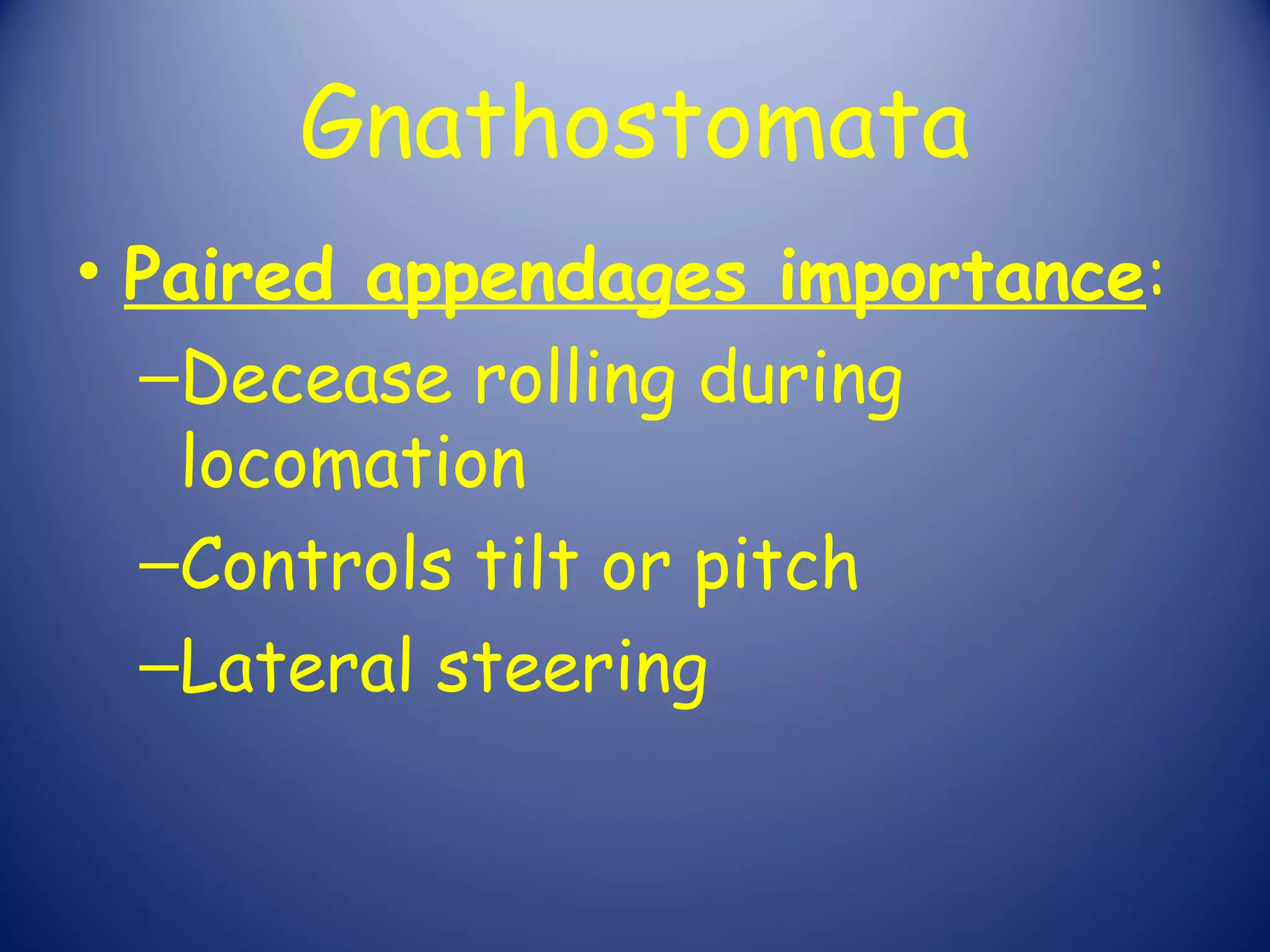 Gnathostomata
• Paired appendages importance:
  –Decease rolling during
   locomation
  –Controls tilt or pitch
  –Lateral steering
 