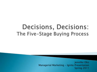 Decisions, Decisions: The Five-Stage Buying Process Jennifer Elks Managerial Marketing - Ignite Presentation Spring 2011 