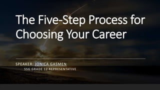 The Five-Step Process for
Choosing Your Career
SPEAKER: JONICA GASMEN
SSG GRADE 12 REPRESENTATIVE
 