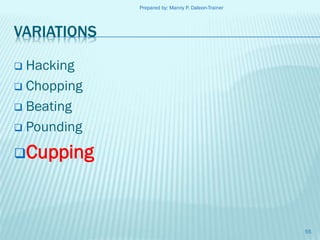 Prepared by: Manny P. Daleon-Trainer

VARIATIONS
Hacking
 Chopping
 Beating
 Pounding


Cupping

55

 
