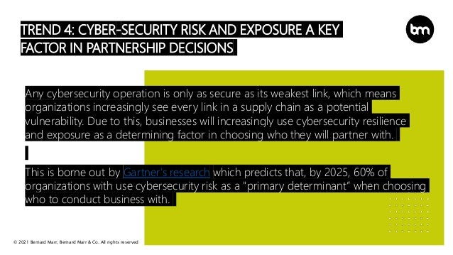 © 2021 Bernard Marr, Bernard Marr & Co. All rights reserved
TREND 4: CYBER-SECURITY RISK AND EXPOSURE A KEY
FACTOR IN PARTNERSHIP DECISIONS
Any cybersecurity operation is only as secure as its weakest link, which means
organizations increasingly see every link in a supply chain as a potential
vulnerability. Due to this, businesses will increasingly use cybersecurity resilience
and exposure as a determining factor in choosing who they will partner with.
This is borne out by Gartner's research which predicts that, by 2025, 60% of
organizations with use cybersecurity risk as a "primary determinant” when choosing
who to conduct business with.
 