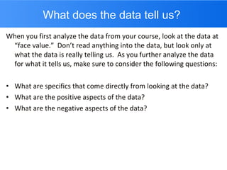What does the data tell us? When you first analyze the data from your course, look at the data at “face value.”  Don’t read anything into the data, but look only at what the data is really telling us.  As you further analyze the data for what it tells us, make sure to consider the following questions: What are specifics that come directly from looking at the data? What are the positive aspects of the data? What are the negative aspects of the data? 
