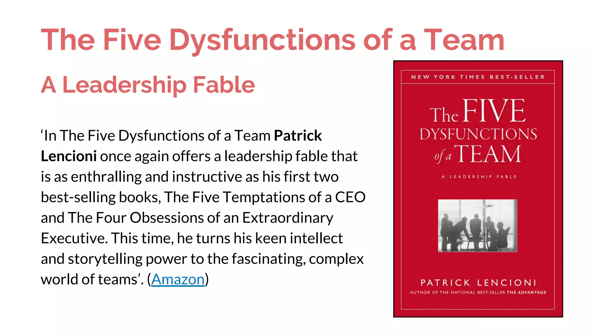 The Five Dysfunctions of a Team
A Leadership Fable
‘In The Five Dysfunctions of a Team Patrick
Lencioni once again offers a leadership fable that
is as enthralling and instructive as his first two
best-selling books, The Five Temptations of a CEO
and The Four Obsessions of an Extraordinary
Executive. This time, he turns his keen intellect
and storytelling power to the fascinating, complex
world of teams’. (Amazon)
 