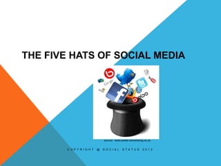 THE FIVE HATS OF SOCIAL MEDIA




                                source: www.power-advertising.co.uk


        C O P Y R I G H T   @   S O C I A L   S T A T U S   2 0 1 2
 