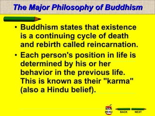 The Major Philosophy of Buddhism Buddhism states that existence is a continuing cycle of death and rebirth called reincarnation.  Each person's position in life is determined by his or her behavior in the previous life. This is known as their "karma" (also a Hindu belief). 
