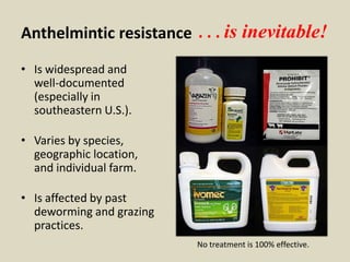 Anthelmintic resistance
• Is widespread and
well-documented
(especially in
southeastern U.S.).
• Varies by species,
geogra...