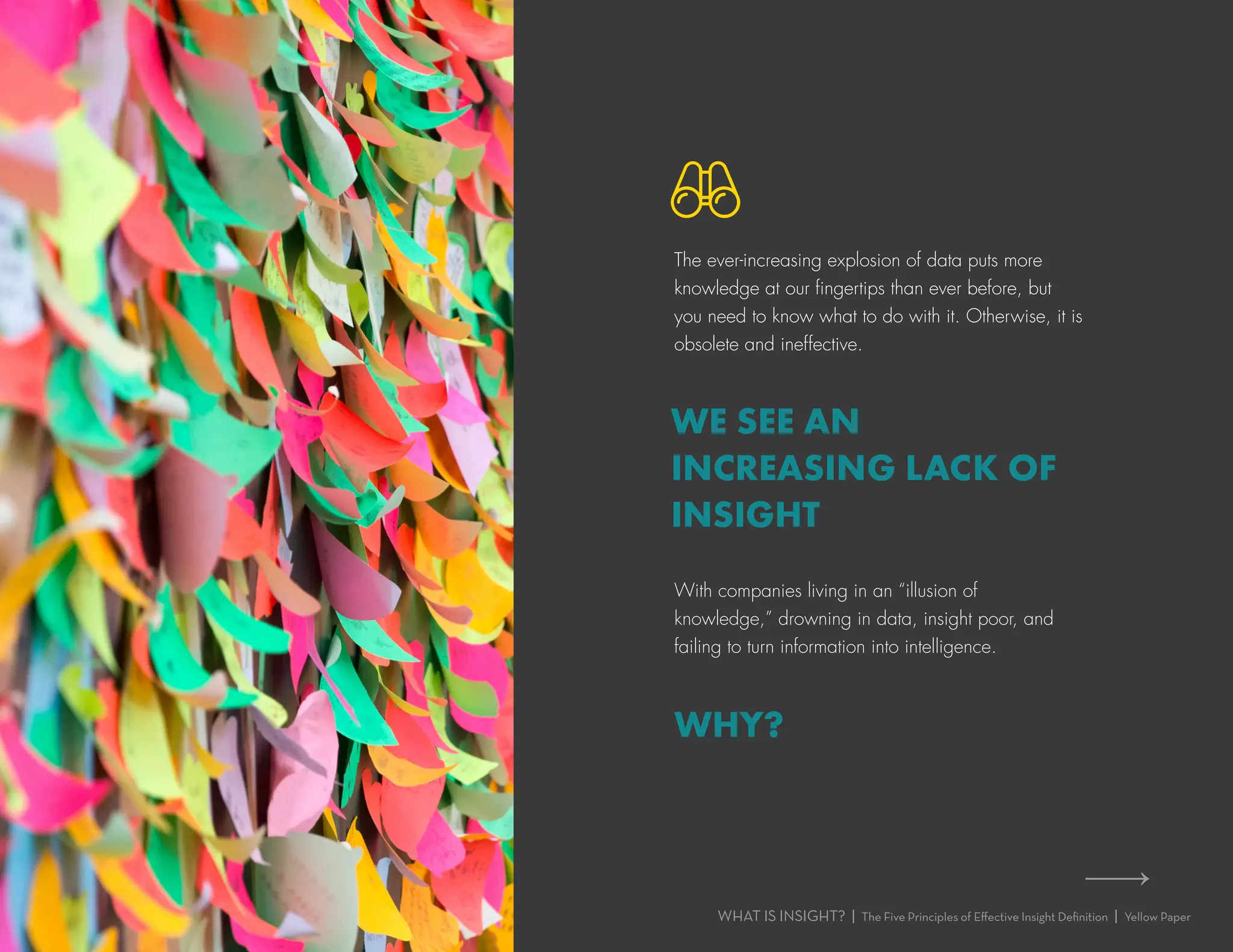 The ever-increasing explosion of data puts more
knowledge at our fingertips than ever before, but
you need to know what to do with it. Otherwise, it is
obsolete and ineffective.
WHAT IS INSIGHT? | The Five Principles of Effective Insight Definition | Yellow Paper
With companies living in an “illusion of
knowledge,” drowning in data, insight poor, and
failing to turn information into intelligence.
WHY?
WE SEE AN
INCREASING LACK OF
INSIGHT
 