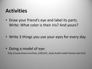 Activities
• Draw your friend’s eye and label its parts.
Write: What color is their iris? And yours?
• Write 3 things you use your eyes for every day.
• Doing a model of eye:
http://www.ehow.com/how_6362241_steps-build-model-human-eye.html
 